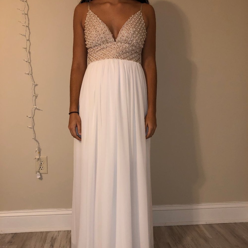 Long Embellished Tulle-Underlay Prom Dress